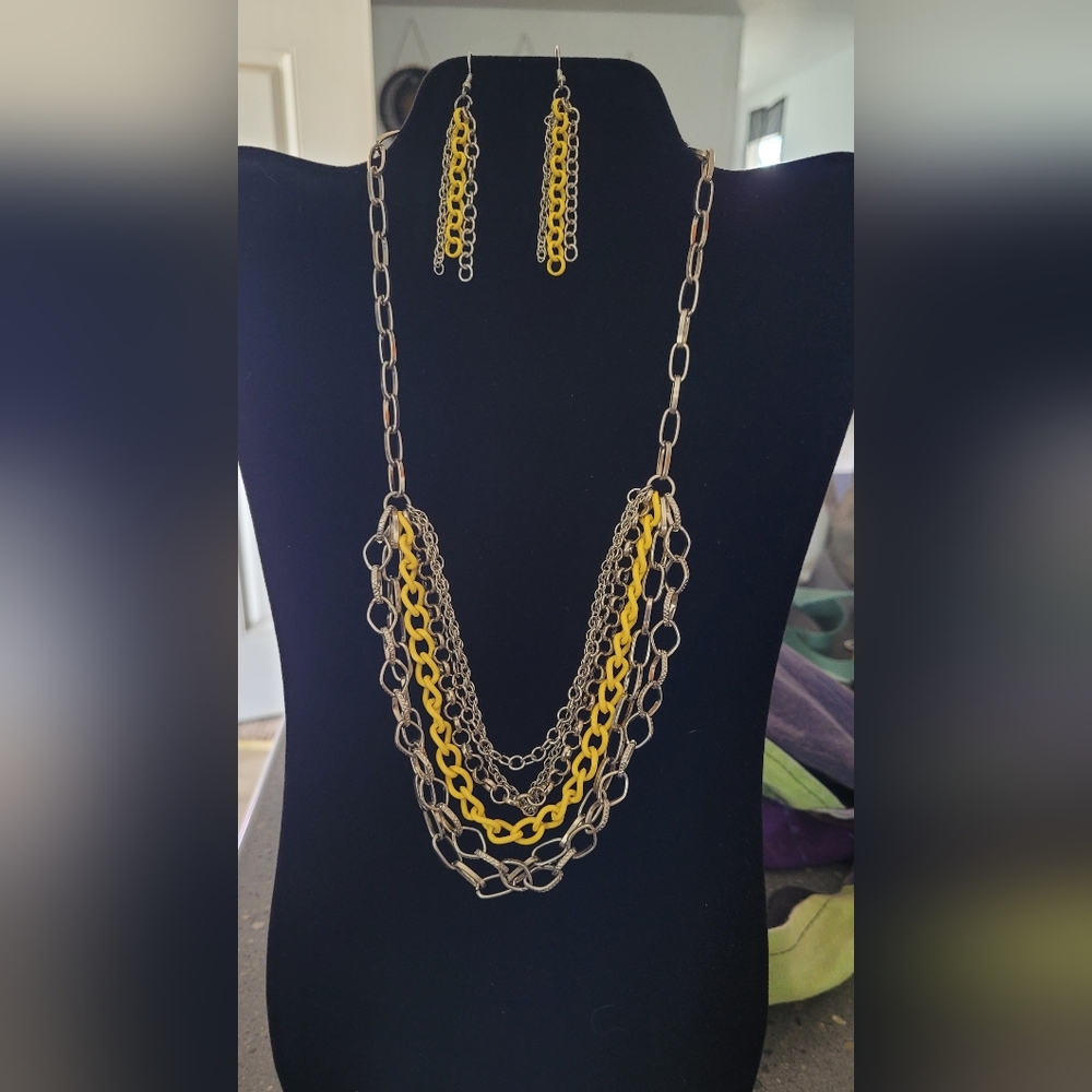 Silver and Yellow Chain Necklace & Earring Set